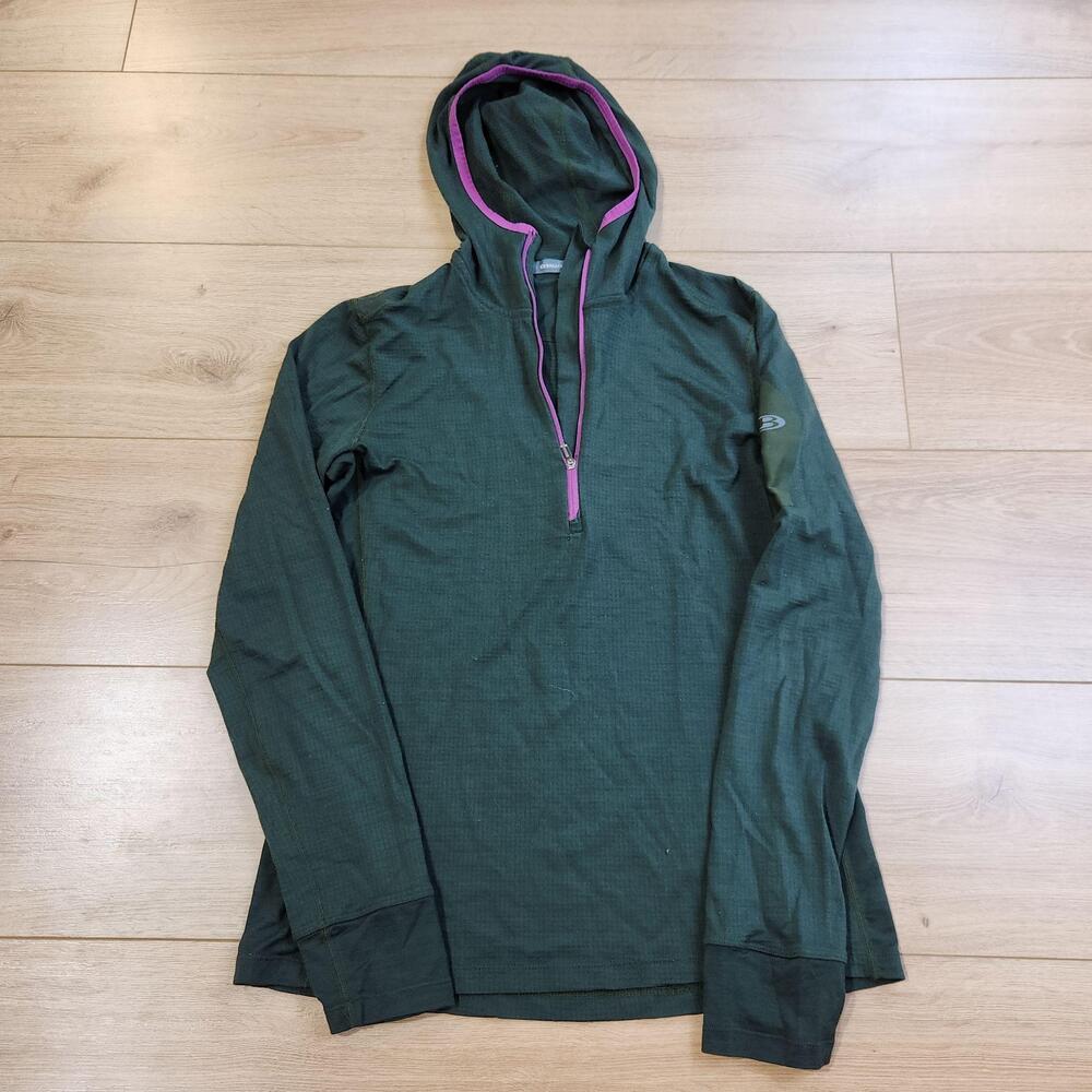 Icebreaker Hoodie Womens Small Green Lightweight Merino Wool Half Zip Pullover